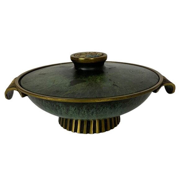 Vintage Dayagi Brass Enamel Lidded Dish Mosaic Rooster Handle Green Gold Israel - Picture 3 of 10